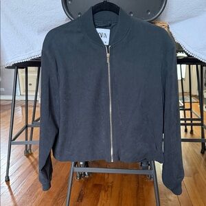 ZARA charcoal grey Bomber Jacket with Gold-Tone Zip